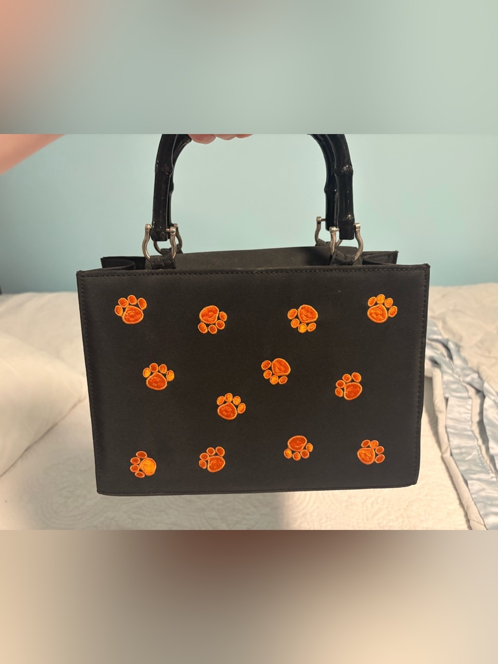 Clemson Black Handbag with Orange Paw Embroidery - Women Bags